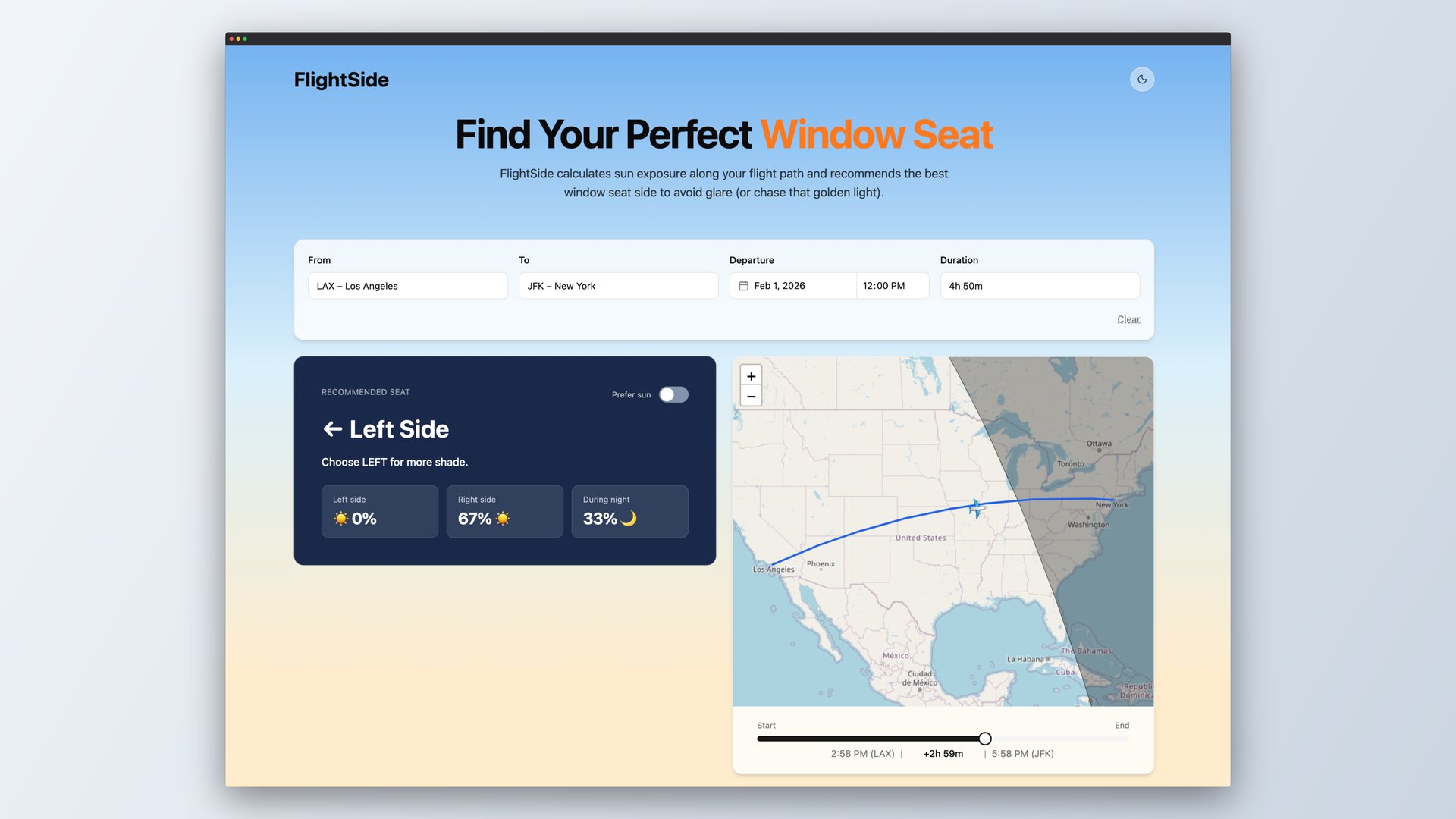 FlightSide full page with LAX to JFK route, sun and day/night line, seat recommendation