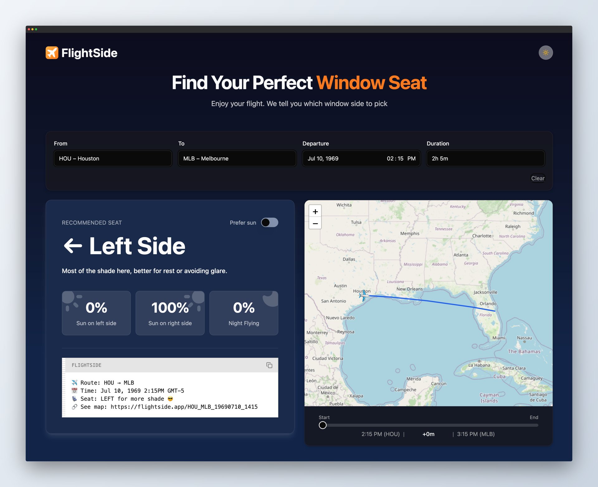 App in dark mode with a route and seat recommendation visible