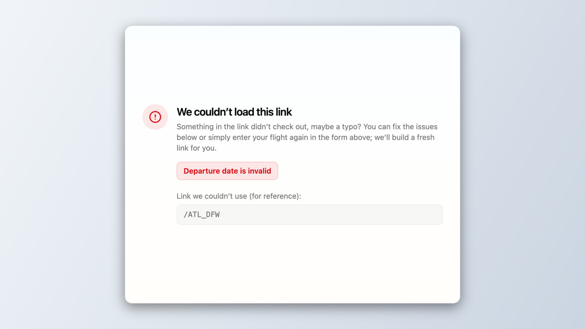 Error shown when a flight link is broken or incomplete