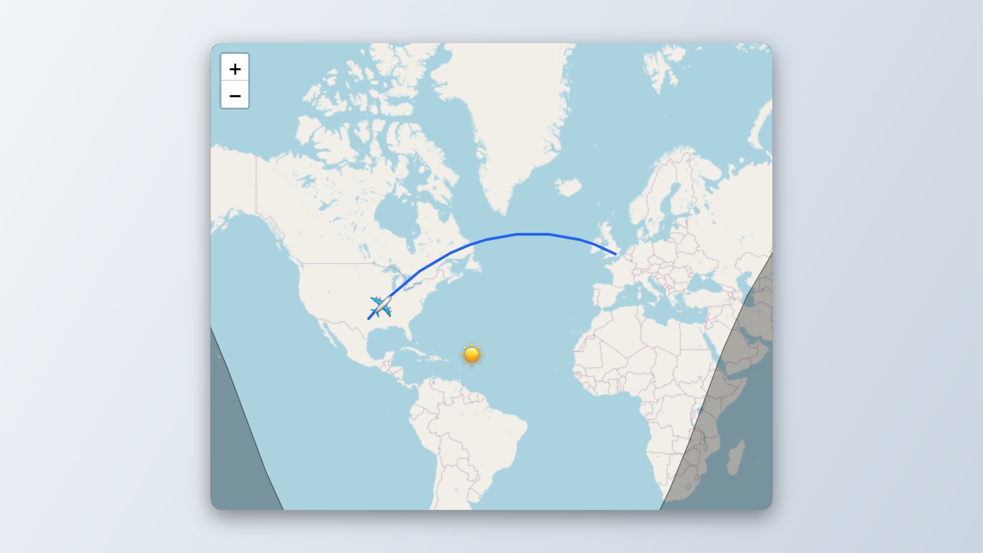 Map view with route line, day/night boundary, and a small sun marker