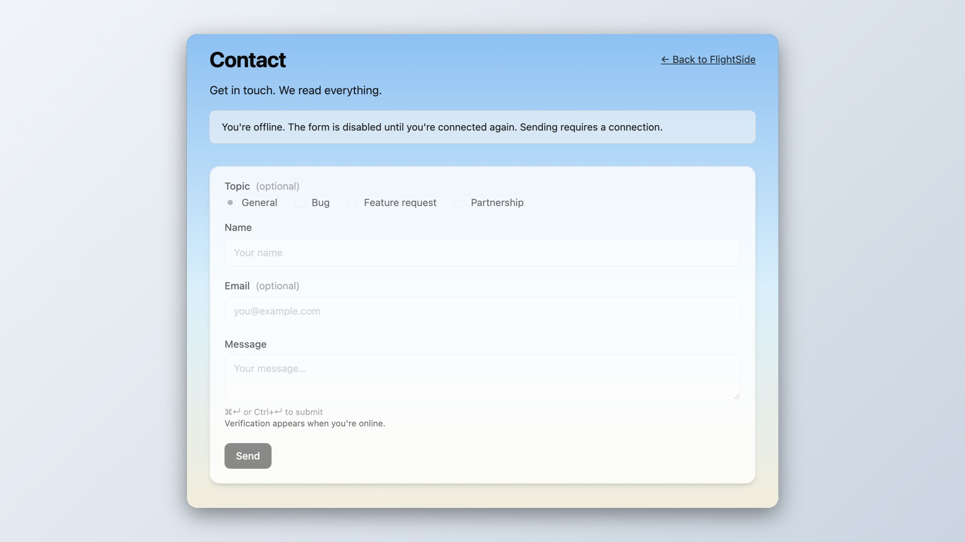 Contact form disabled with offline notice