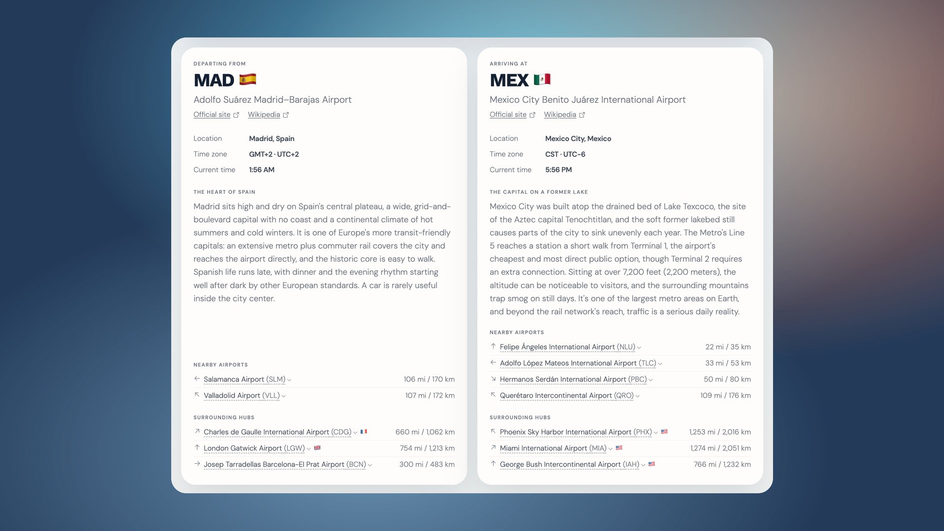 Two city cards showing departure and arrival airports with local time and country flags